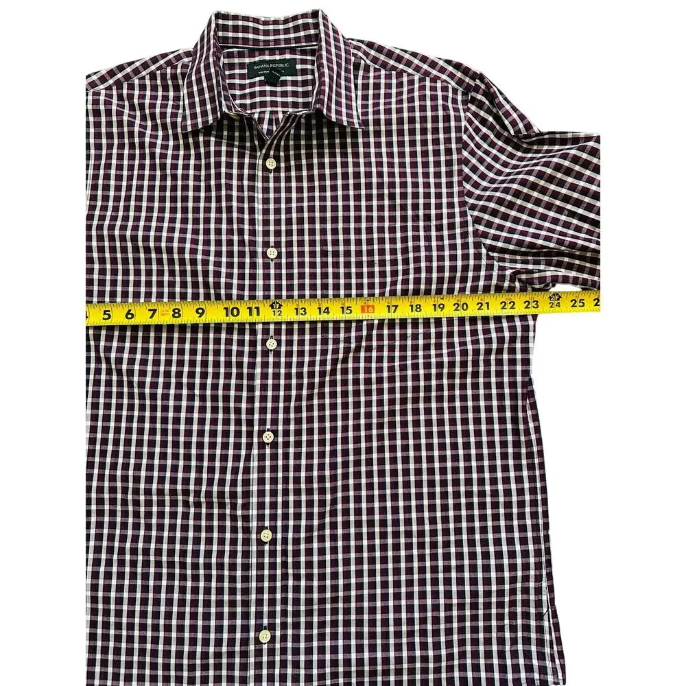 Banana Republic Non Iron Classic Fit Check Dress Shirt Burgundy Navy L 16 16.5